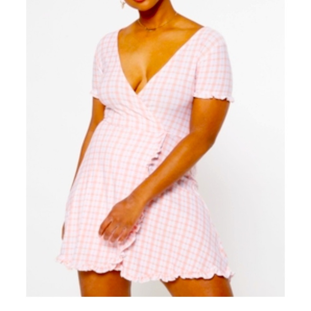 Pink Plaid Print Ruffled Wrap Mini Dress - Picture 1 of 1